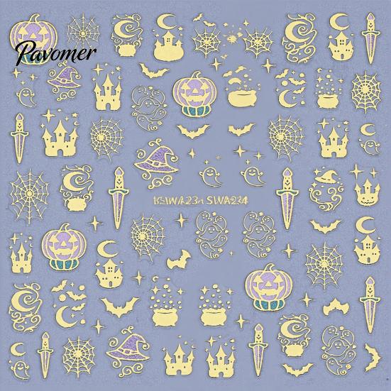 Suministros para Salón de Uñas Pegatinas de Arte 3D de Halloween, Calabaza Metálica Dorada, Fantasma, Telaraña, Decoraciones Fáciles de Aplicar, Pegatinas de Sombrero de Bruja, Autoadhesivas
