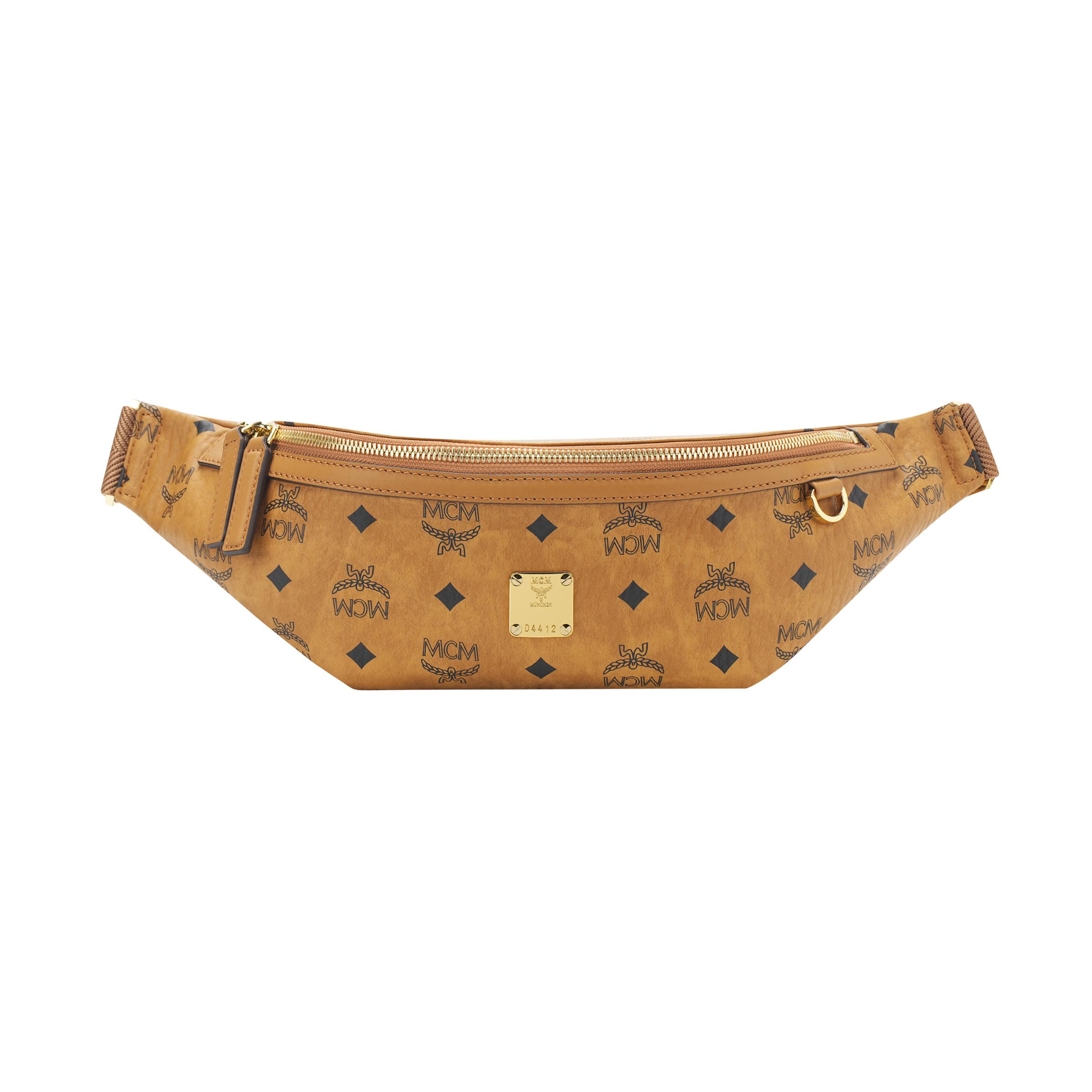 

MCM Cognac Visetos Monogram Fanny Pack with Zip Closure & Gold Logo Plate for Daily & Street Style Use Basic Set (Bag+Dust Bag)