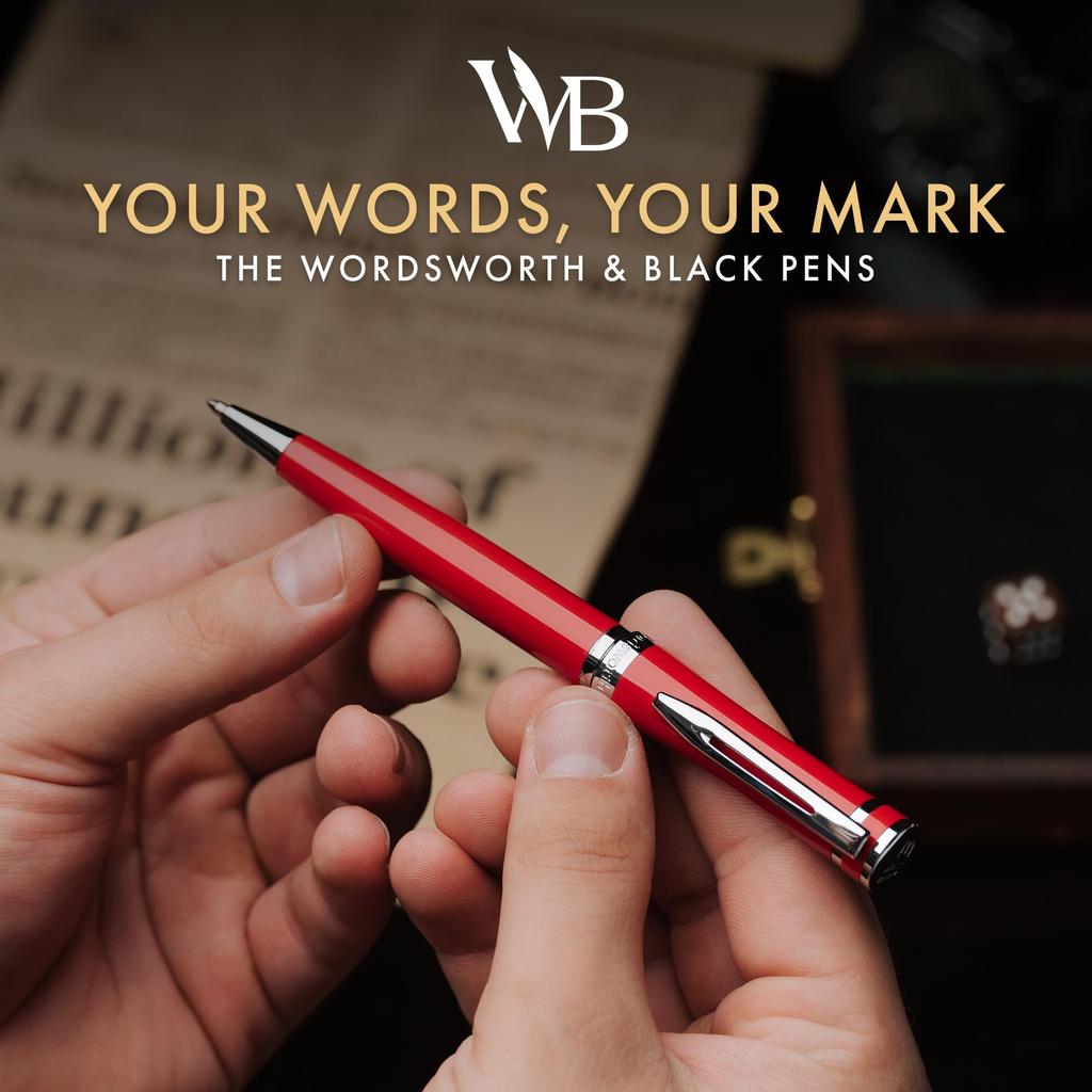 Wordsworth Black Ballpoint Pen in Red Lacquer Stunning Luxury Chrome Finish with Refillable A Perfect Gift Set for Men and & - Ink. Women. Refillable,