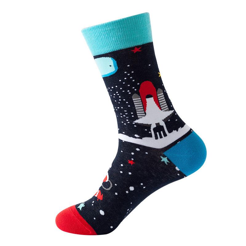 1Pair Funny Ins Astronaut Airplane Heavenly Body Middle Tube Men Happy Socks Streetwear Cotton Male Skateboard Boys Adult Sox