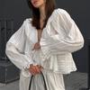 European and American Design Sense Pure Cotton White Jacquard V-neck Long-sleeved Shirt Women's 1116 Autumn Casual Retro Versatile Top