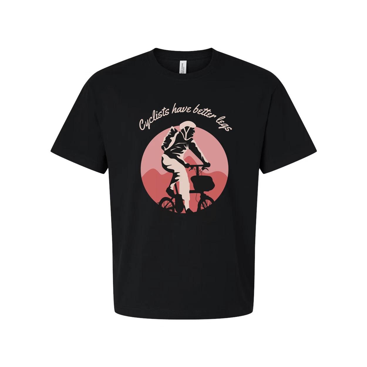 

Unisex Cyclist Illustration T Shirt With Sunset Circle Background For Biking Ent 2XL