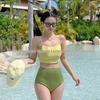 Women's Solid Color High Waist Bikini with Flesh-Covering Panel, Slimming Design, Pure Desire Style, and Color Block for Small Chest