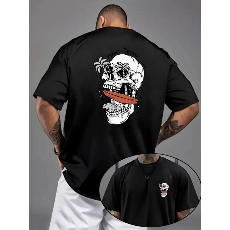

New Men S Round Neck Short Sleeve T-Shirt with Skull Print, Casual Sports Trendy Loose Top, Double-Sided Printing on Both Front And Back S чёрный