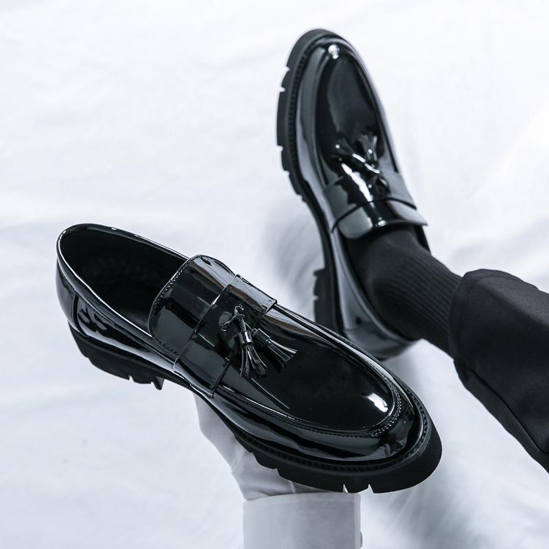 Men's Spring Tassel Loafers: Thick Sole, Shiny Leather, Large Size Casual Shoes