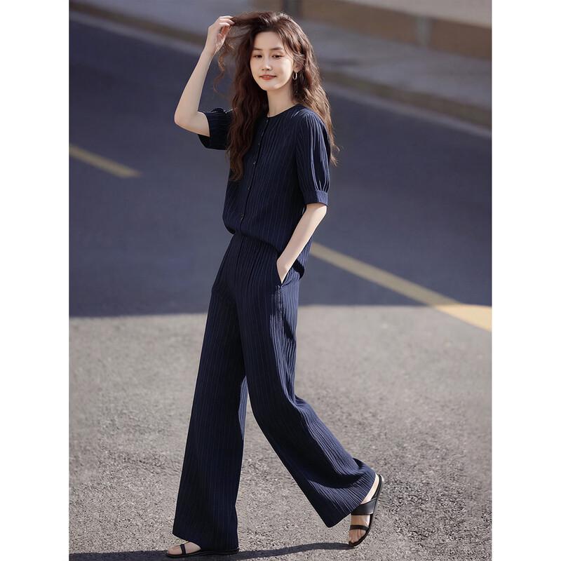 Linen Blend Casual Shirt & Wide-Leg Pants Set