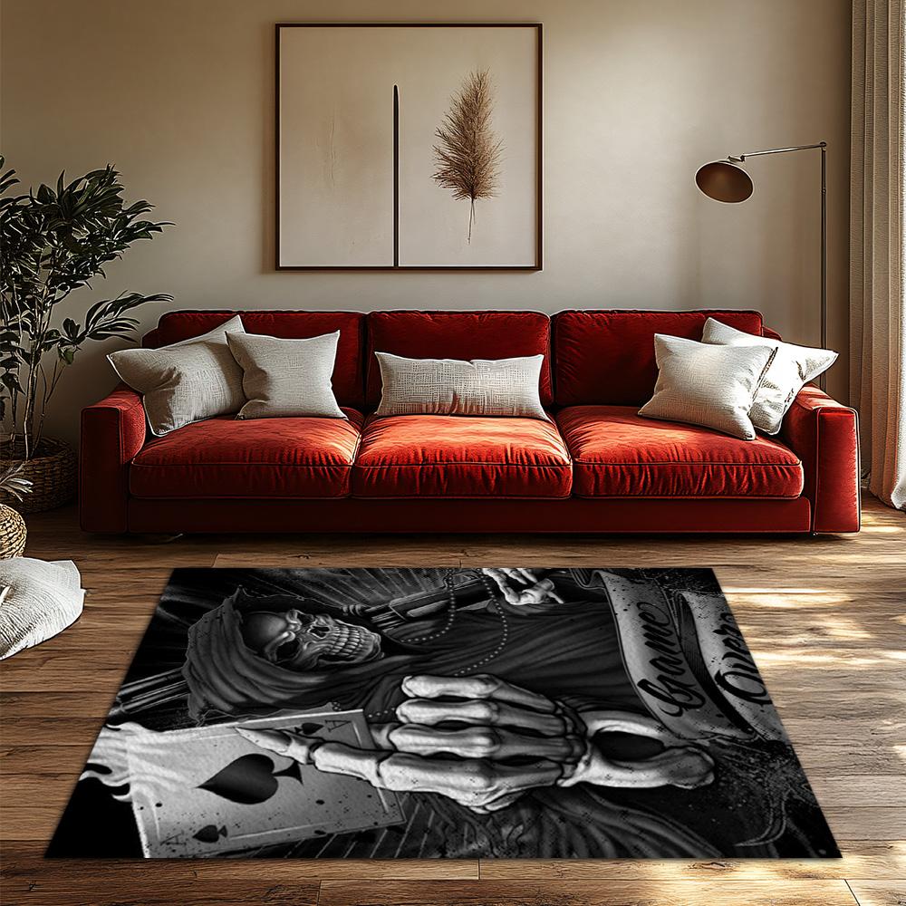 Gothic Game Over Rug, Skeleton Reaper Design Carpet for Living Room, Soft Non-Slip Mat with Dark Theme Decor