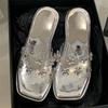 Eilyken Summer CRYSTAL Flower PVC Transparent Women Slippers Solid Platform Wedges Heels Square Toe Sandals Shoes