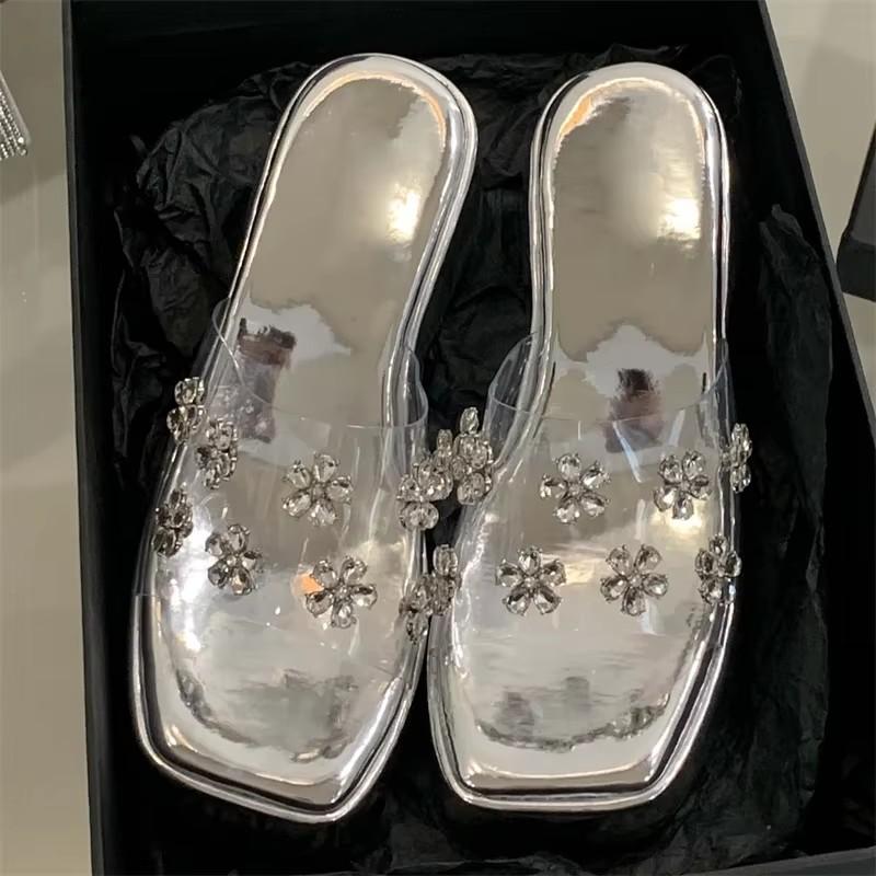 Eilyken Summer CRYSTAL Flower PVC Transparent Women Slippers Solid Platform Wedges Heels Square Toe Sandals Shoes