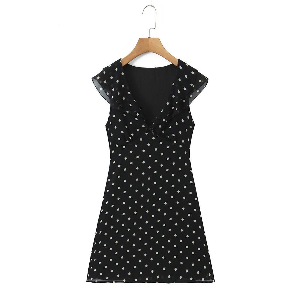 2026 Chic Polka Dot Ruffle Chiffon V-Neck Mini Dress