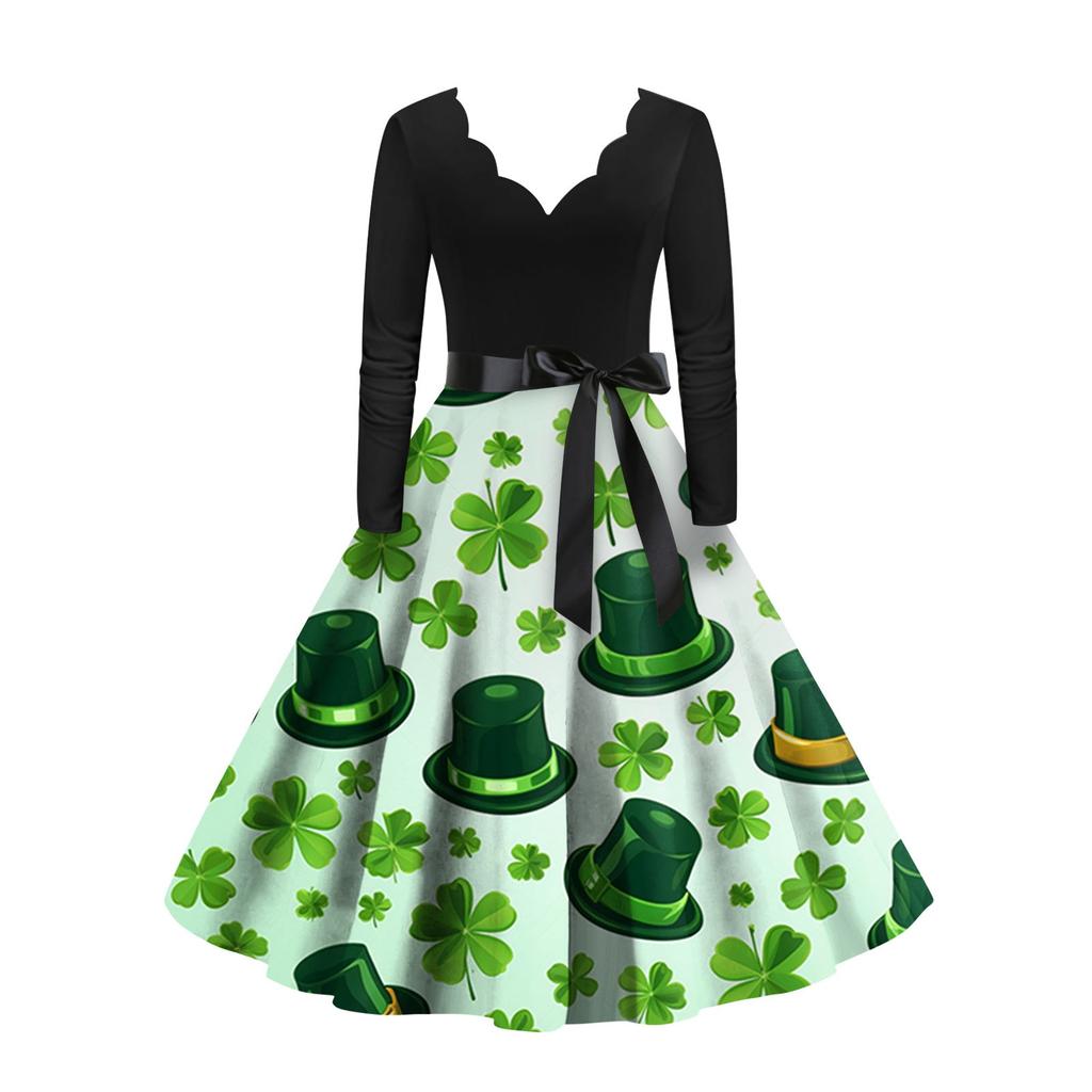 Women's Vintage Classic Dress Long Sleeve  Print Round Neck Swing Dress