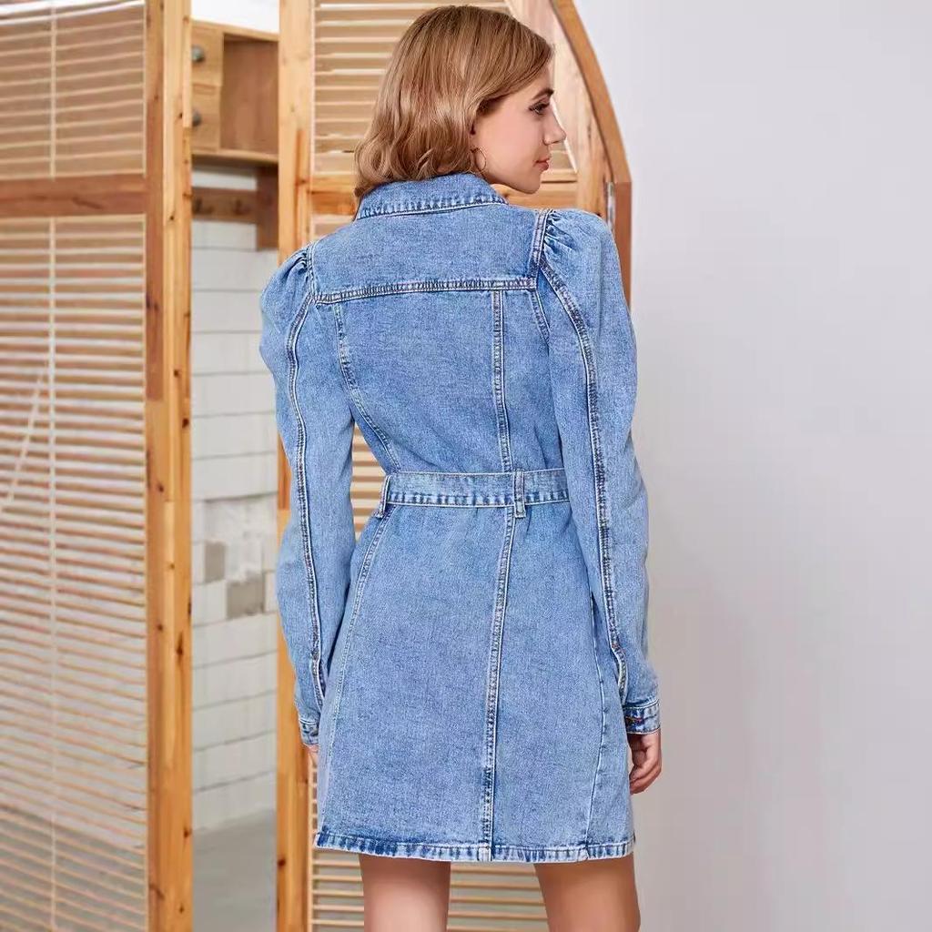 New Retro Waist-Cinching Slim Long-Sleeve Denim Dress for Women