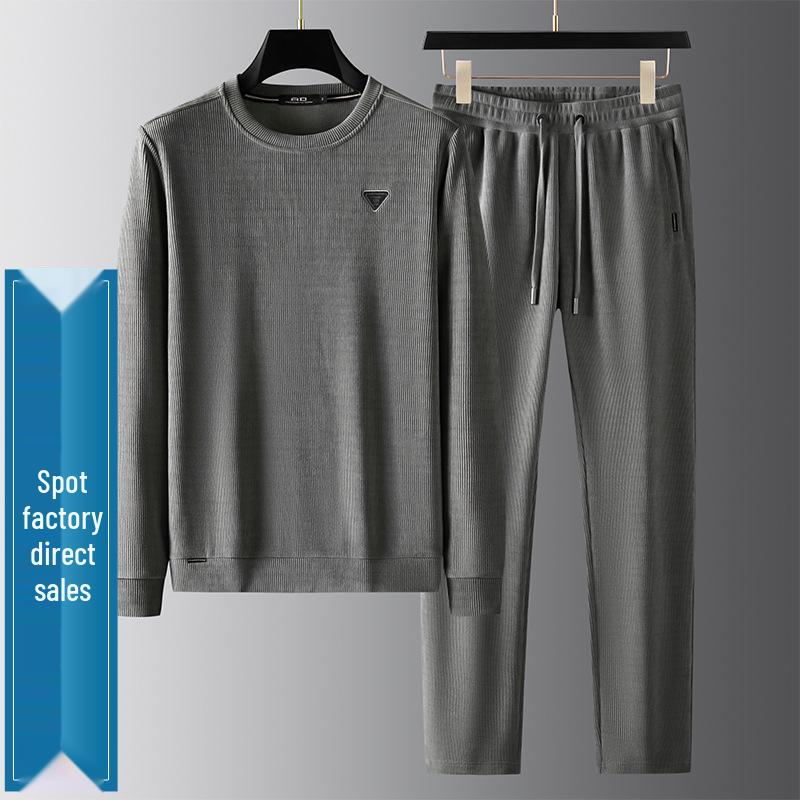 

Мужской плотный вельветовый костюм из шенилла - Осень/Зима 2023, круглый вырез, свободный крой. 3XL серый