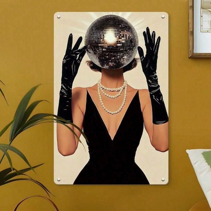 Vintage Retro Metallposter Disco Girl Tanzt Discokugel Wandkunst Heimdekoration