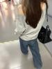 Gray Pure Cotton Off-Shoulder Long-Sleeve Women's T-Shirt - Loose Fit, Spring/Autumn Stylish and Sexy Top