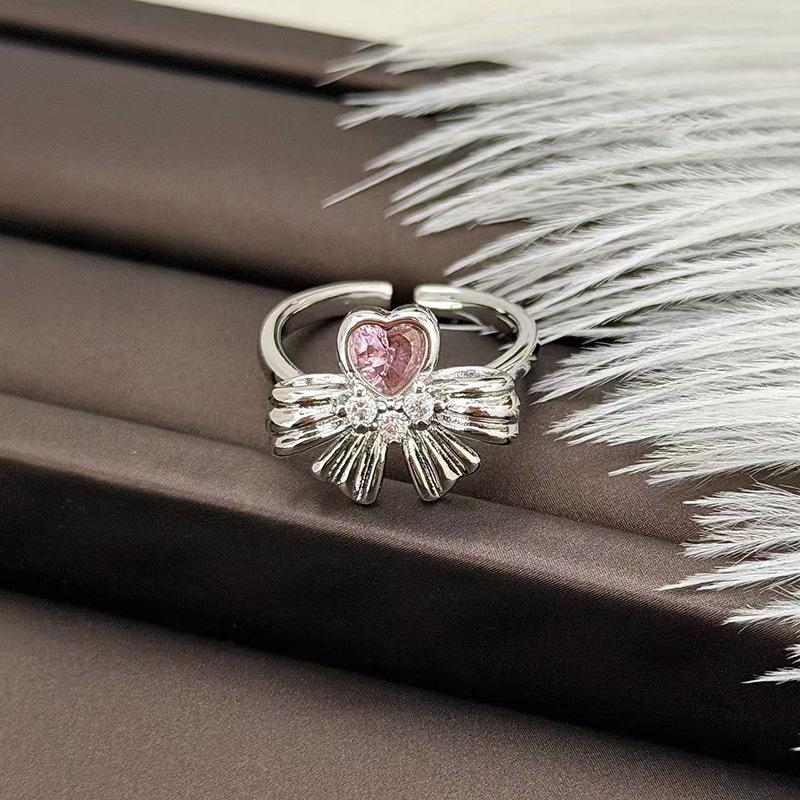 Color Zircon Bow Love Open Ring Women'S Light Luxury Fashion Niche Sweet And Cool Design Sense Tetragonal Star Ring