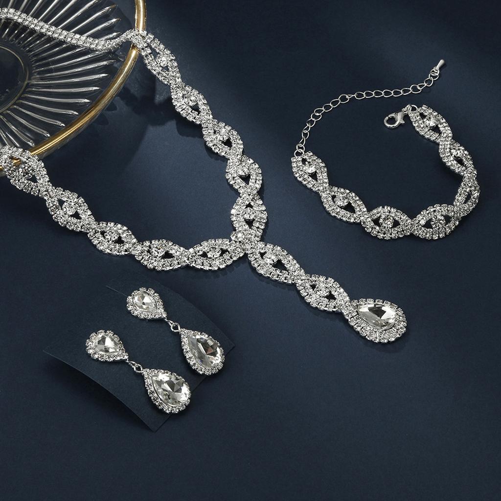 3pcs Bridal Jewelry Set Copper Plated Rhinestone Fold Clutch Bracelet Tassel Earrings Wedding Jewelry Gift Trendy Style-3