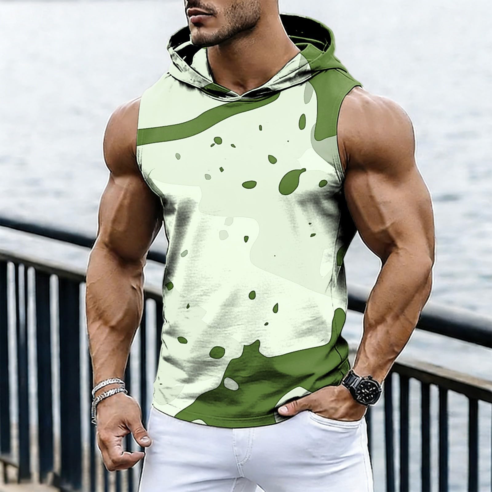 

Mens Sleeveless Hoodie Tank Top Abstract Print Pullover Hooded Shirt Lightweight Casual Muscle Gym Vest L армия зеленый