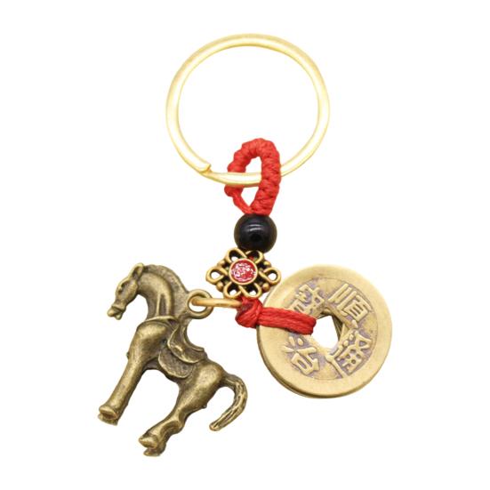 Retro Copper Keychain Pendant with Five Emperors Money Feng Shui Twelve Animal Charm Good Fortune Red Rope Key Chain Bag Car Accessory