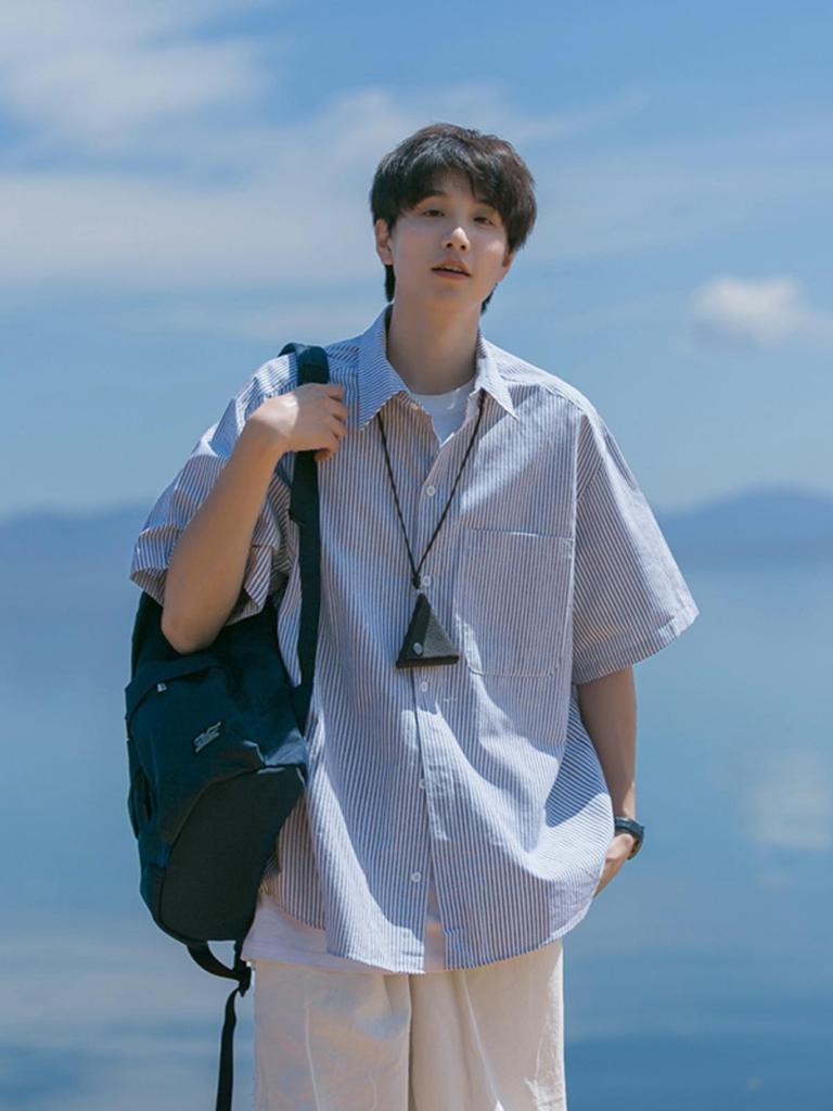 Men's Japanese Striped Short-Sleeve Lapel Shirt - Summer Cityboy Casual Versatile Trendy Brand Jacket