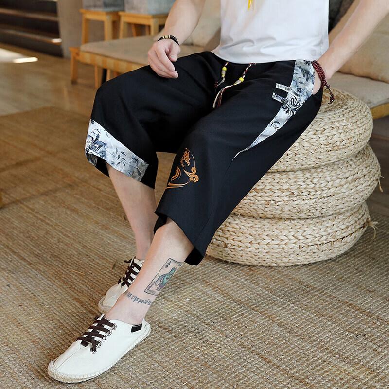 Men's New Chinese Style Dragon Pattern Cooling Ice Silk Capri Shorts
