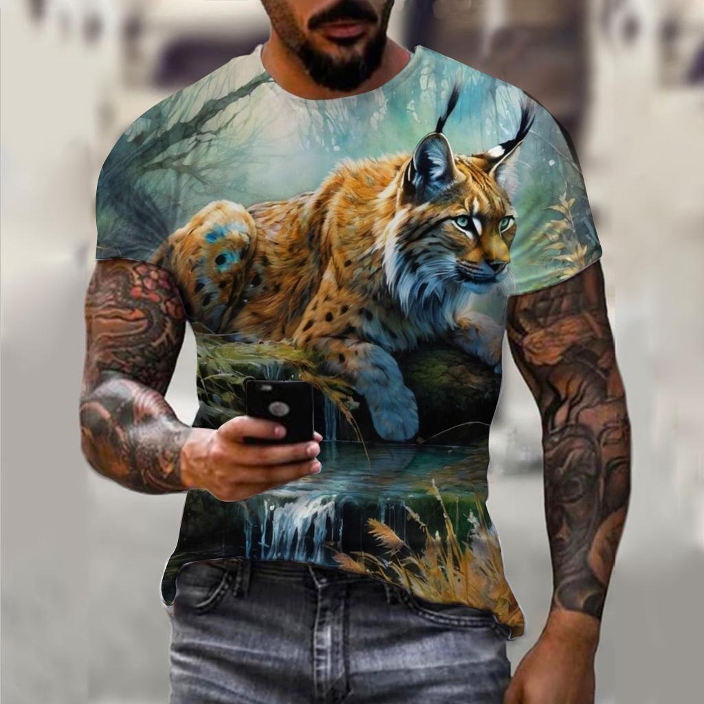 Summer Men's Summer Men's Casual T-shirt 3d Printed Lynx Bobcat Print Unisex Short-sleeved Fashion Trend Home Wear