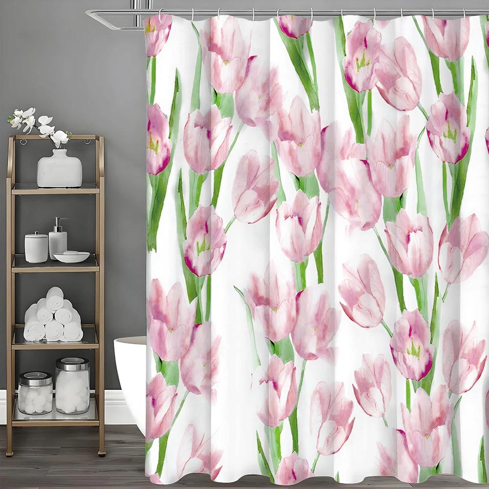Pink Tulip Shower Curtain, Bathroom Decorative Shower Curtain, Waterproof Shower Curtain with Hooks