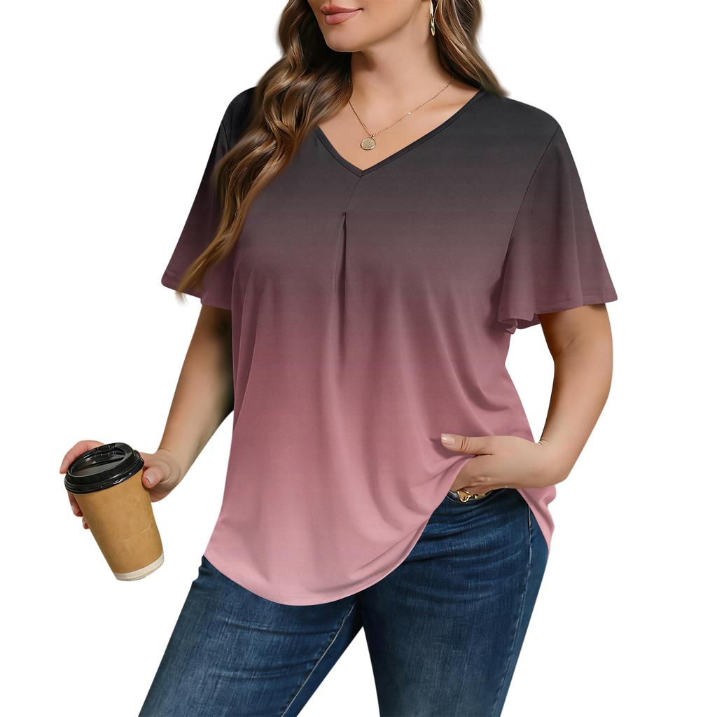 Damska Modna Codzienna Luźna Bluzka Plus Size z Krótkim Rękawem Elegancka z Dekoltem V Do Pracy