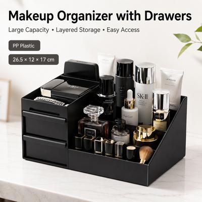 Desktop Makeup Organizer with Drawers Black PP Cosmetic Storage Box Lipstick Holder for Bathroom Vanity