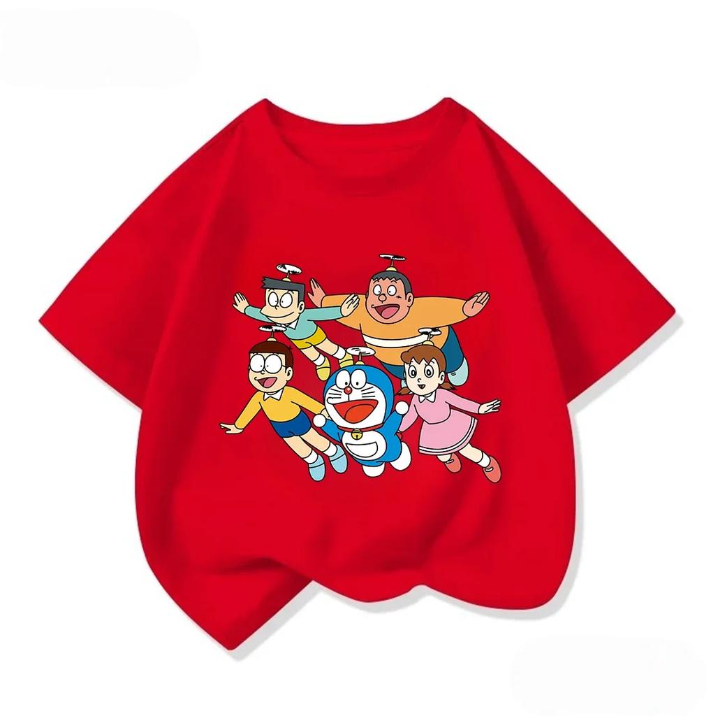 Summer Cute Short Sleeve Tee Children Lovely Cartoon Print Fashion Street Style Tops Doraemon Boys Girls Clothes 314Y