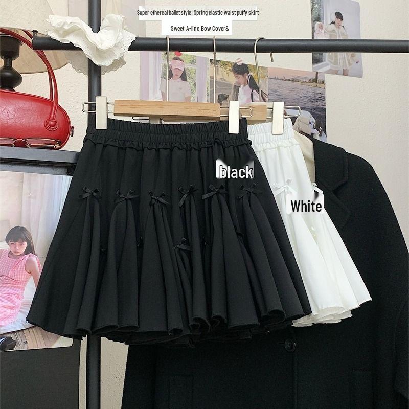 Petite Women's Summer Elastic Waist Pleated A-line Mini Skirt with Built-in Safety Shorts and Bow