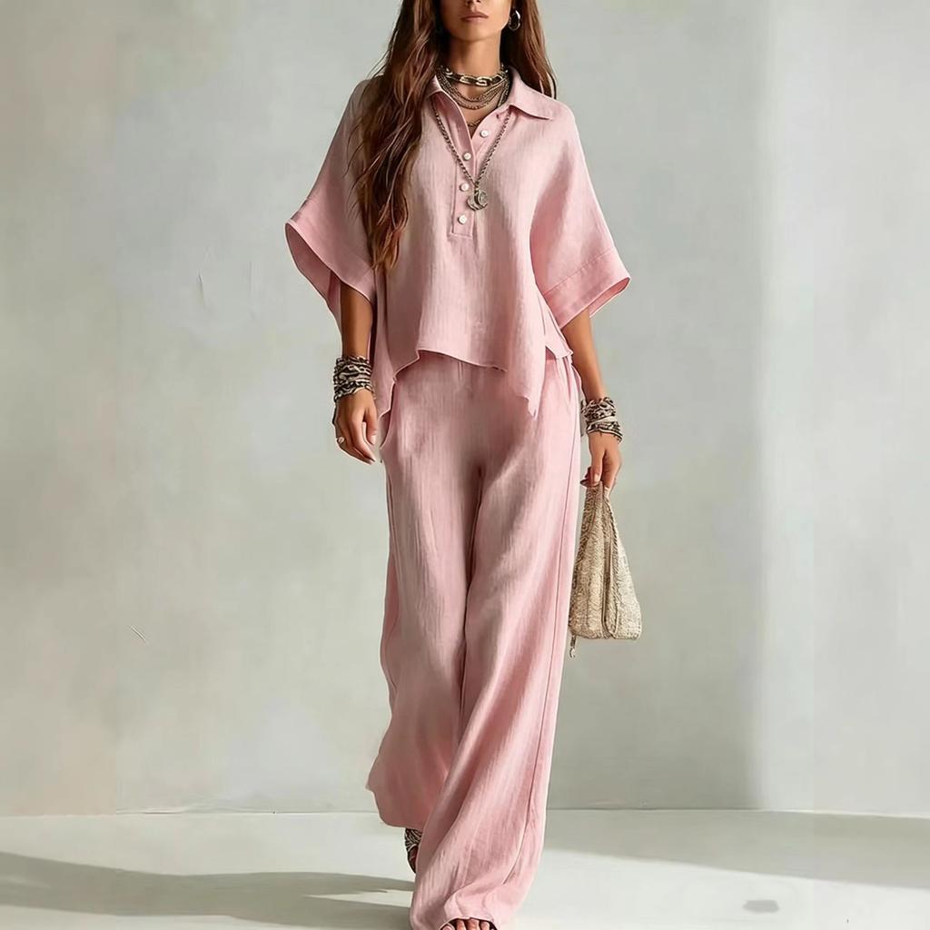 Women's Summer Two Piece Set Solid Color Short Sleeve Button Down Collar Shirt and Casual Wide Leg Pants Lightweight Fabric