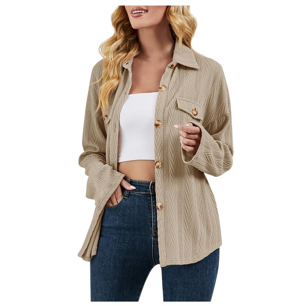 Women's Casual Fashion Solid Color Shirt Lapel Single Breasting Loose Coat