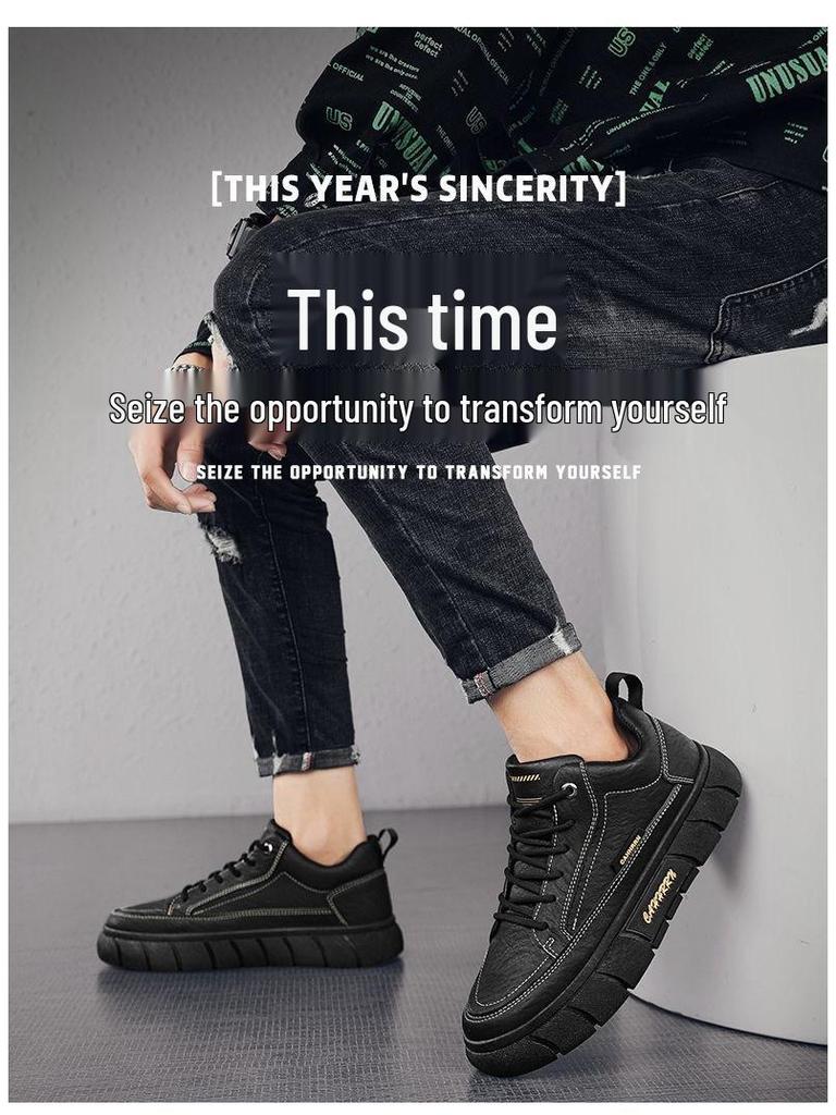 Men's Trendy Black Leather Waterproof Non-slip Sneakers - Breathable and Versatile for Spring Casual Sports