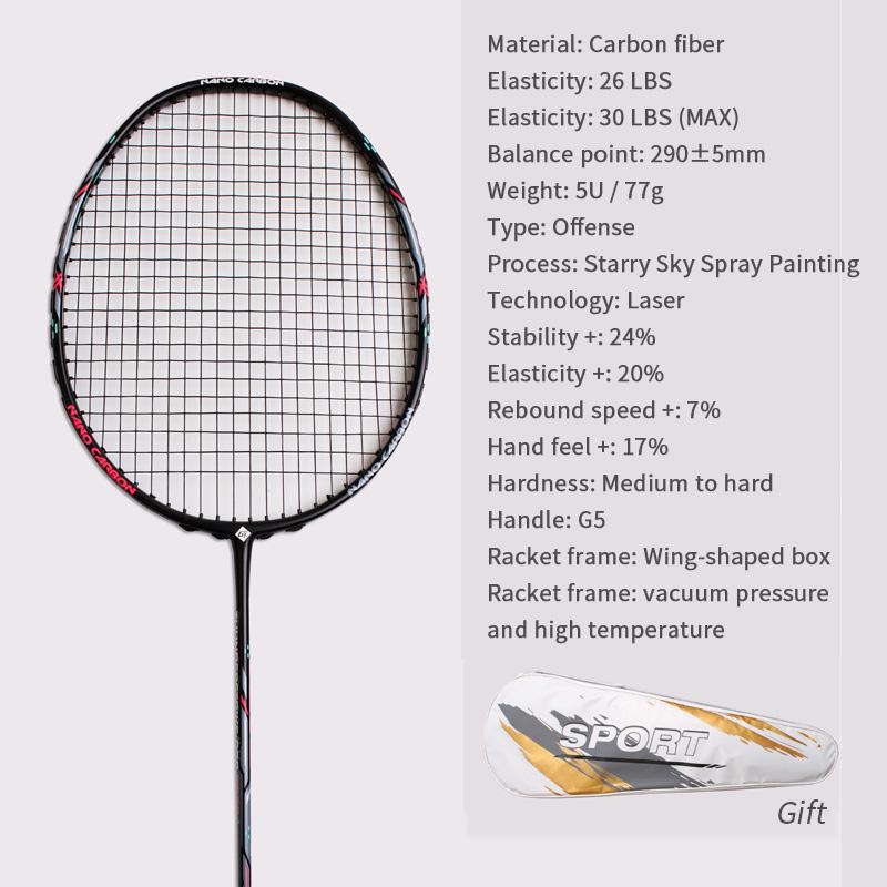 Raquete de badminton 28LBS fibra de carbono homem mulher adulto alta elasticidade durável principal Ataque raquete defesa Nível de competição
