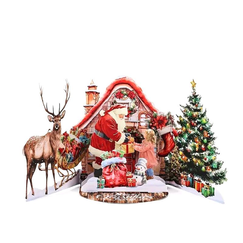 1 Set 3D Christmas Card Night Before Christmas Scene With Santa, Reindeer, Snowy Village Festive Holiday Greeting Card
