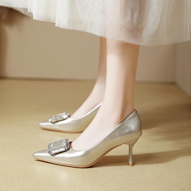 2025 Autumn New Pointed Rhinestone Square Buckle High Heels Women's Thin Heels Sexy Not Tired Feet Small High Heels Shallow Mouth Single Shoes