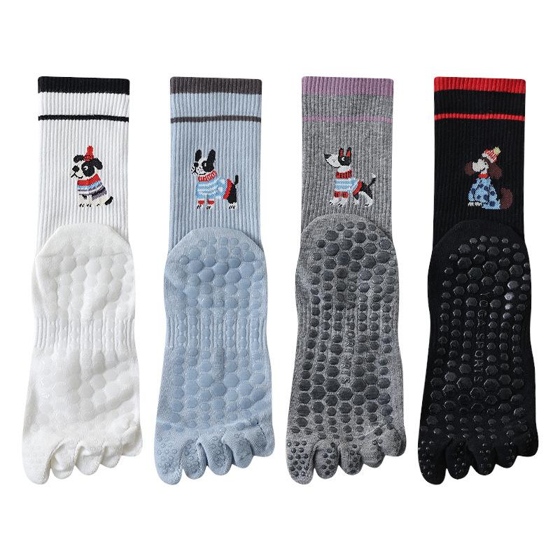 Yoga Socks, Women's Anti-slip Silicone Five-finger Socks, Fitness Exercise Pilates, Cartoon Puppy Mid-calf Socks