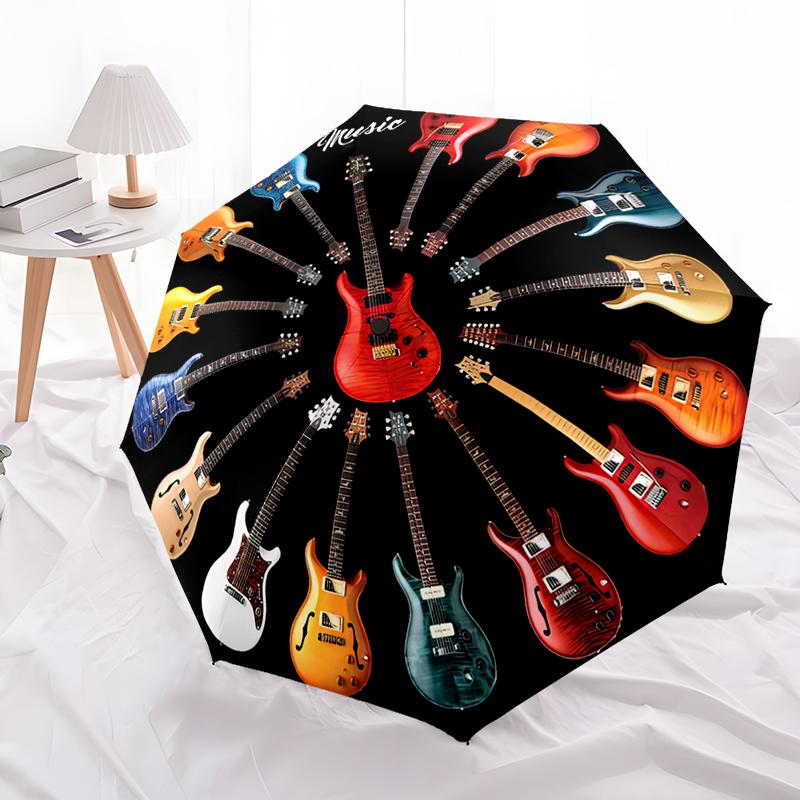 1pc Music Theme Pattern Umbrella Portable Folding Umbrella Iron Frame Hole Bone Structure Outdoor Home Umbrella