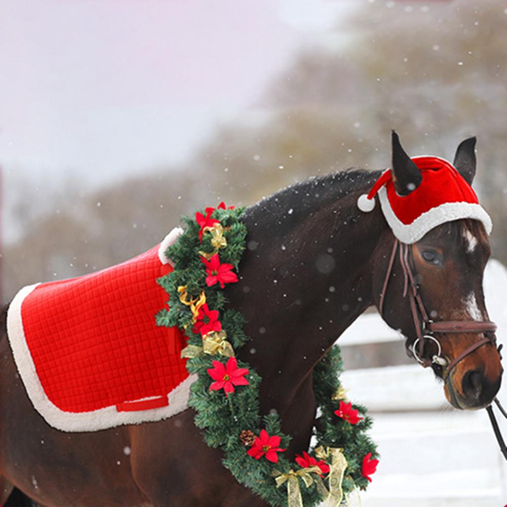 6Pcs Christmas Santa Leg Wraps Horse Hat Saddle Pad with Faux Fur Trim Santa Hat Saddle Pads Leg Wraps Multi-Purpose for Horses