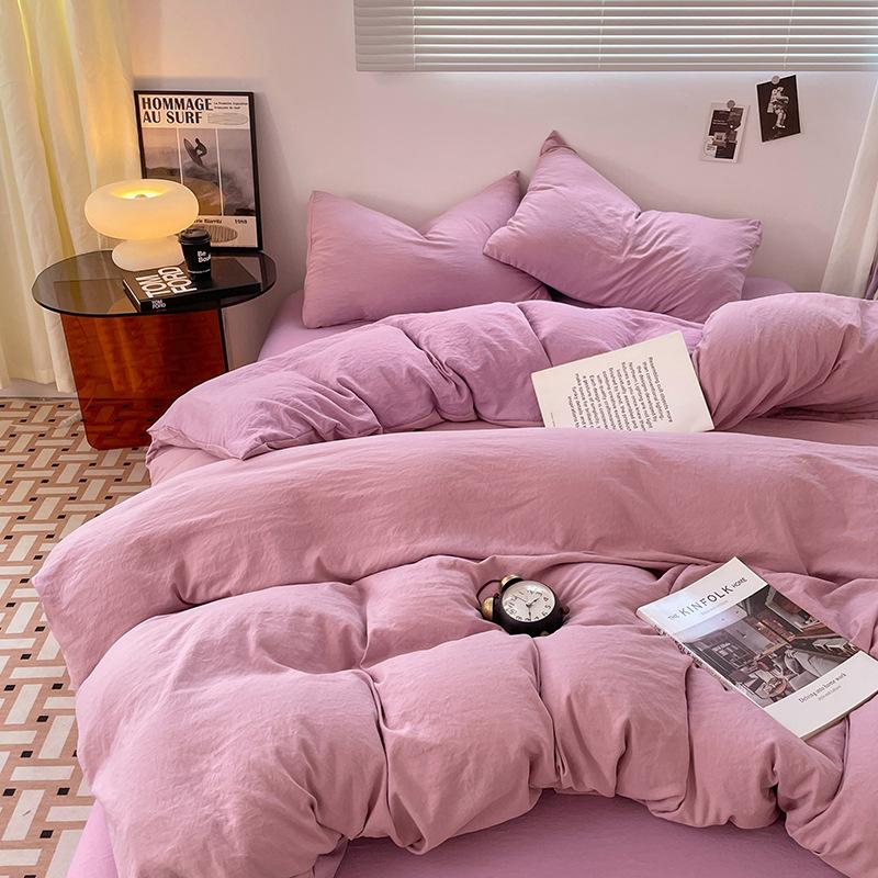 Four-piece Set for Sleeping Naked On Winter Bed, Washed Cotton Sheets, Quilt Cover, Fitted Sheet, Three-piece Set for College Dormitory