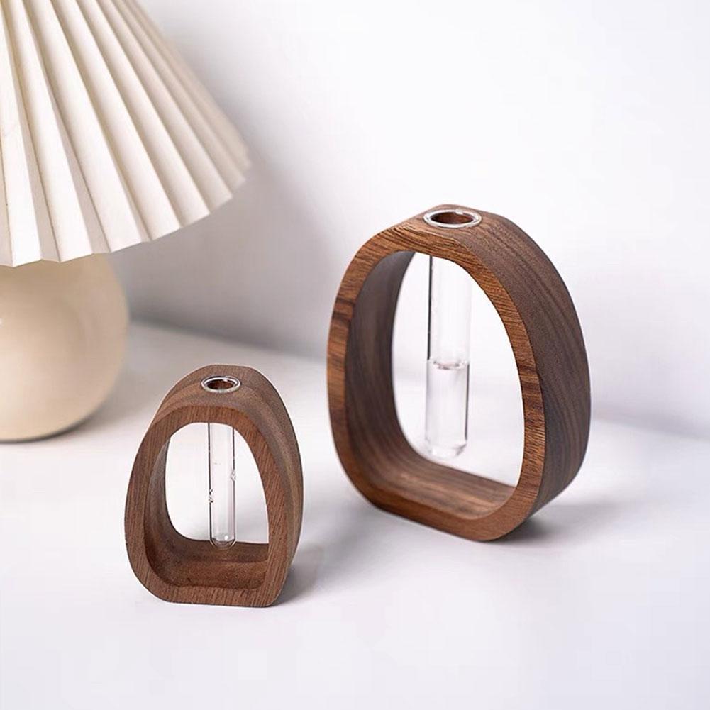 Walnut Wood Flower Set Hotel Decoration Simple Glass Plant Flower Arrangement Mini Aquatic Vase Hydroponic Plant Flower Stand