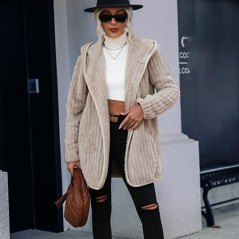 Hooded Double-sided Plush Cardigan Jacket Women's Loose Buttonless Outerwear Solid Color Long Sleeved Coat Warm Casual Autumn and Winter