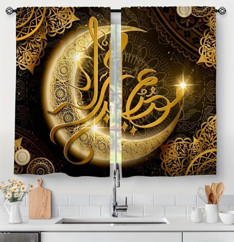 2pcs Translucent Polyester Window Curtain Ramadan Lamp Arch Moon Star Lantern Holiday Decor Living Room Bedroom Office Home