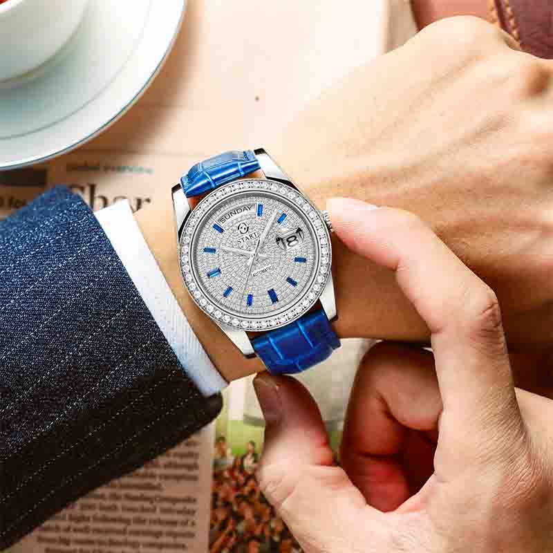 Start Gypsophila-Uhr, modische Herrenuhr, Diamant-Zifferblatt, automatische mechanische Uhr, Lederuhr, wasserdicht, Datums- und Wochenfunktion