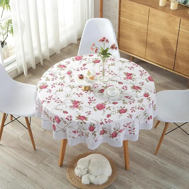 Pvc Hotel Waterproof Tablecloth Printed Oil Resistant Large Circular Table Cloth Hotel Plastic Round Table Cover With Lace Hem