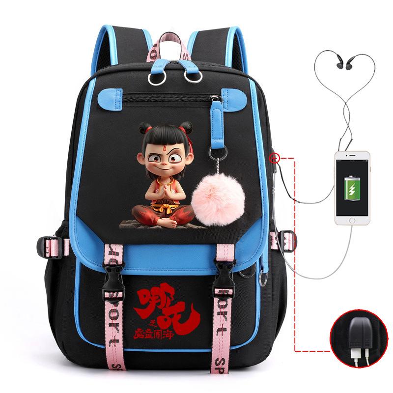 Cartoon Movie Nezha Printing Leisure Burden Reduction Travel Bag Backpack Multi-Function Large Capacity Usb Student Schoolbag