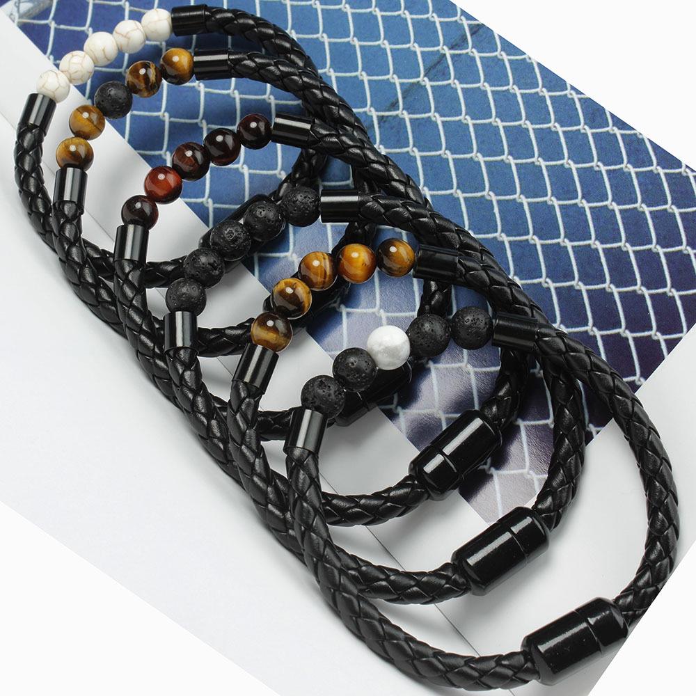 New Men's European American Style Stone Beaded Leather Bracelet with Magnetic Buckle