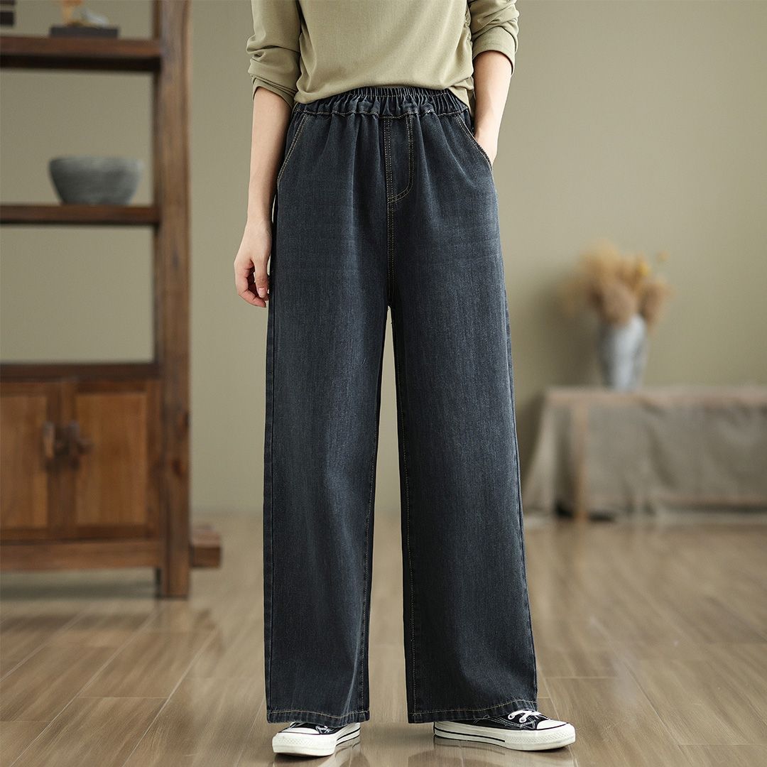 

Джинсы эластичные новые ретро с высокой талией осенние брюки больших размеров свободные длинные брюки для похудения 2XL чёрный