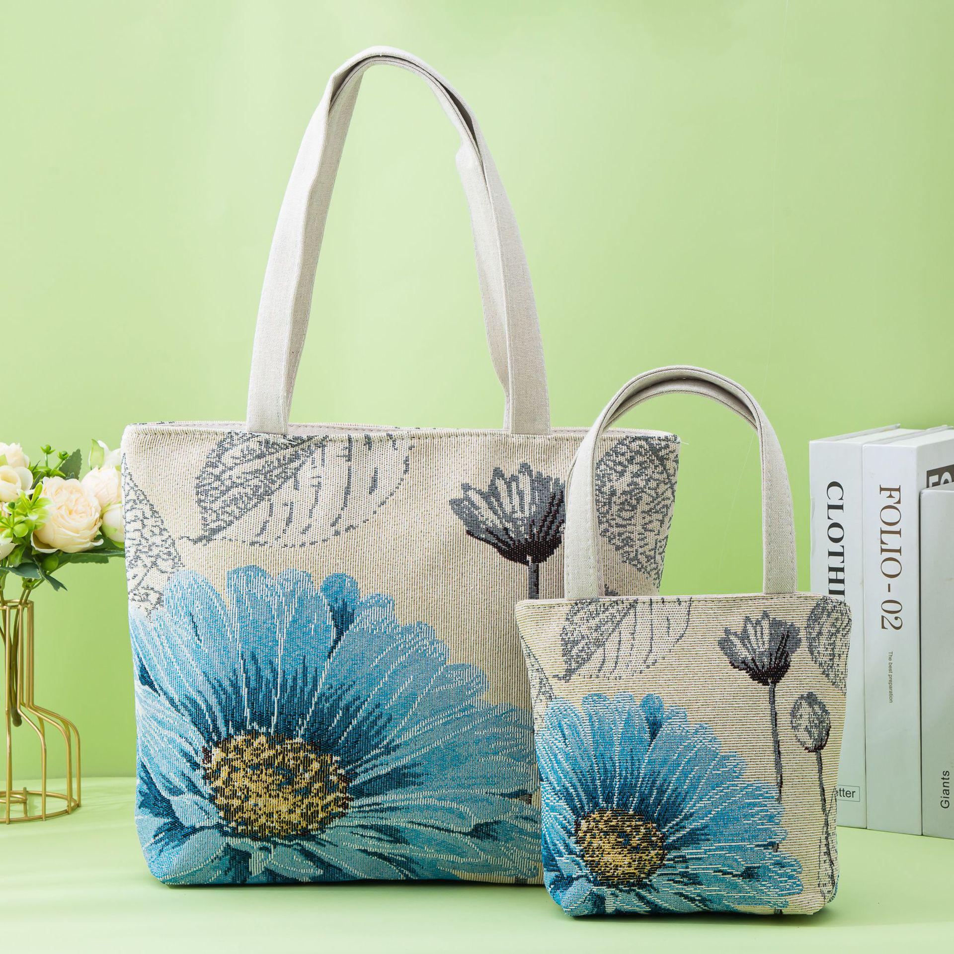 

Сумка из хлопка и льна с вышитым цветком Monet, двухсторонний жаккард, на молнии для отдыха на природе Medium 28*10*23cm